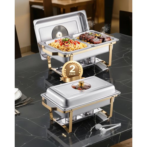 Chafing Dish Buffet Set, 4 Qt 2 Pack, Stainless Steel Chafer with 4 Half Size Pans, Rectangle Catering Warmer Server with Glass Lid Water Pan Folding Stand Fuel Holder, for Wedding Party Banquet