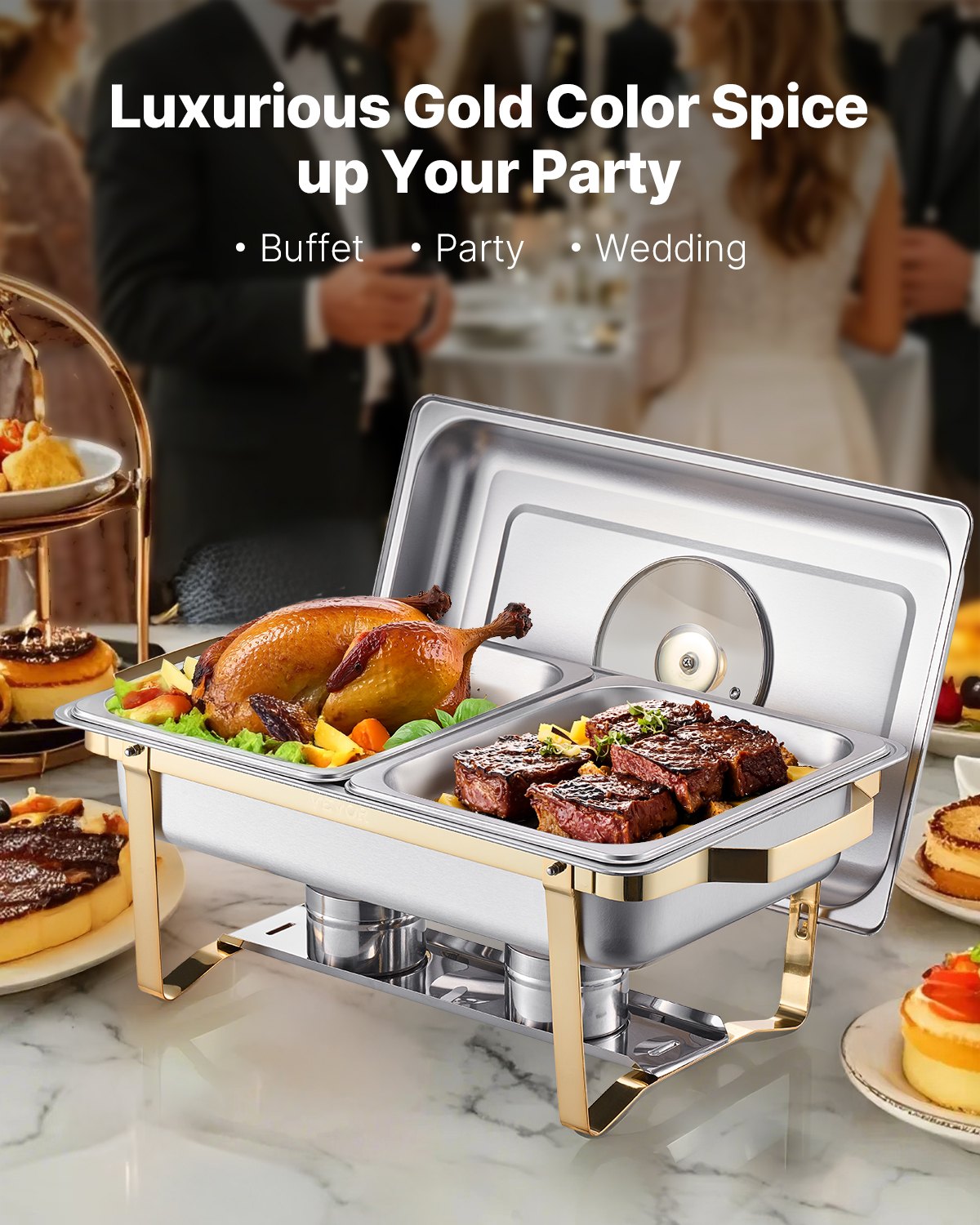 Chafing Dish Buffet Set, 4 Qt 2 Pack, Stainless Steel Chafer with 4 Half Size Pans, Rectangle Catering Warmer Server with Glass Lid Water Pan Folding Stand Fuel Holder, for Wedding Party Banquet