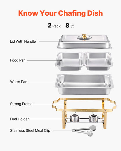 Chafing Dish Buffet Set, 4 Qt 2 Pack, Stainless Steel Chafer with 4 Half Size Pans, Rectangle Catering Warmer Server with Glass Lid Water Pan Folding Stand Fuel Holder, for Wedding Party Banquet