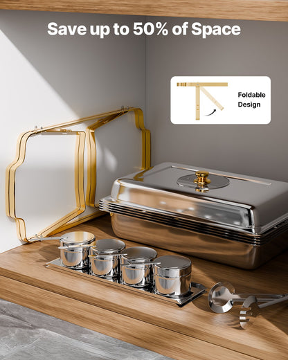 Chafing Dish Buffet Set, 4 Qt 2 Pack, Stainless Steel Chafer with 4 Half Size Pans, Rectangle Catering Warmer Server with Glass Lid Water Pan Folding Stand Fuel Holder, for Wedding Party Banquet