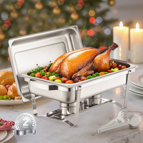 Chafing Dish Buffet Set, 8 Qt 2 Pack, Stainless Steel Chafer with 2 Full Size Pans, Rectangle Catering Warmer Server with Lid Water Pan Stand Fuel Holder, for Weddings Parties Banquets, Silver