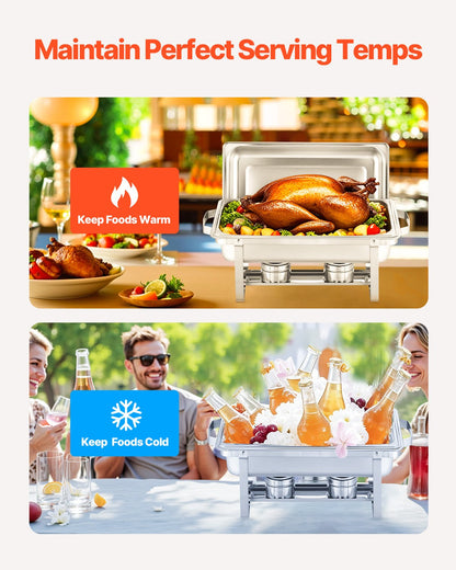 Chafing Dish Buffet Set, 8 Qt 2 Pack, Stainless Steel Chafer with 2 Full Size Pans, Rectangle Catering Warmer Server with Lid Water Pan Stand Fuel Holder, for Weddings Parties Banquets, Silver
