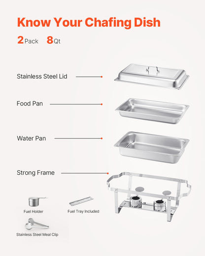 Chafing Dish Buffet Set, 8 Qt 2 Pack, Stainless Steel Chafer with 2 Full Size Pans, Rectangle Catering Warmer Server with Lid Water Pan Stand Fuel Holder, for Weddings Parties Banquets, Silver