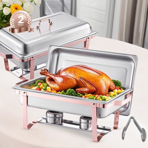 Chafing Dish Buffet Set, 8 Qt 2 Pack, Stainless Steel Chafer with 2 Full Size Pans, Rectangle Catering Warmer Server with Lid Water Pan Stand Fuel Holder, for Wedding Party Banquet, Rose Gold