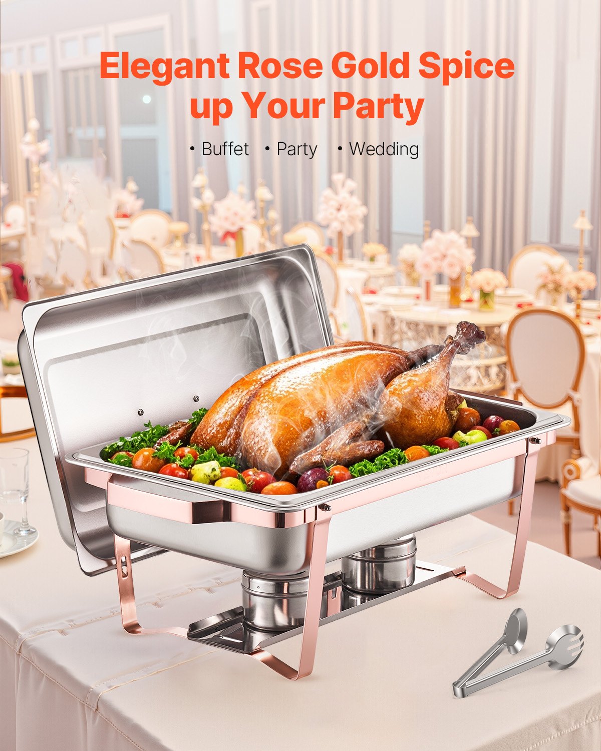Chafing Dish Buffet Set, 8 Qt 2 Pack, Stainless Steel Chafer with 2 Full Size Pans, Rectangle Catering Warmer Server with Lid Water Pan Stand Fuel Holder, for Wedding Party Banquet, Rose Gold