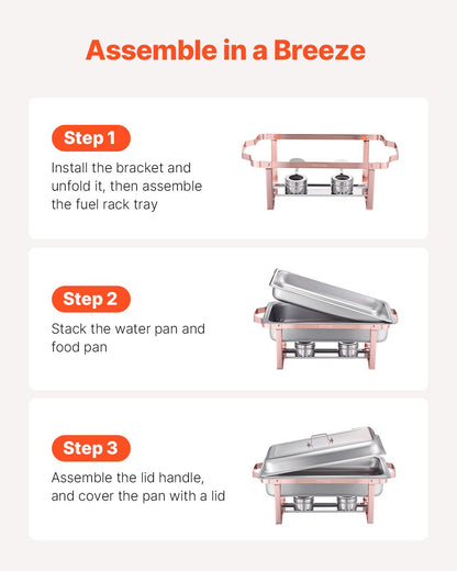 Chafing Dish Buffet Set, 8 Qt 2 Pack, Stainless Steel Chafer with 2 Full Size Pans, Rectangle Catering Warmer Server with Lid Water Pan Stand Fuel Holder, for Wedding Party Banquet, Rose Gold