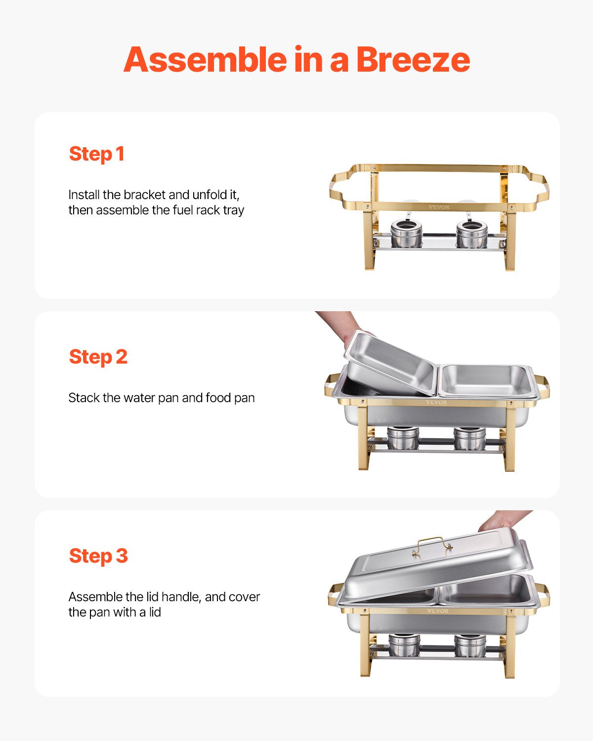 Chafing Dish Buffet Set, 8 Qt 4 Pack, Stainless Steel Chafer with 2 Full Size and 4 Half Size Pans, Rectangle Catering Warmer Server with Lid Water Pan Stand, for Weddings Parties Banquets, Gold