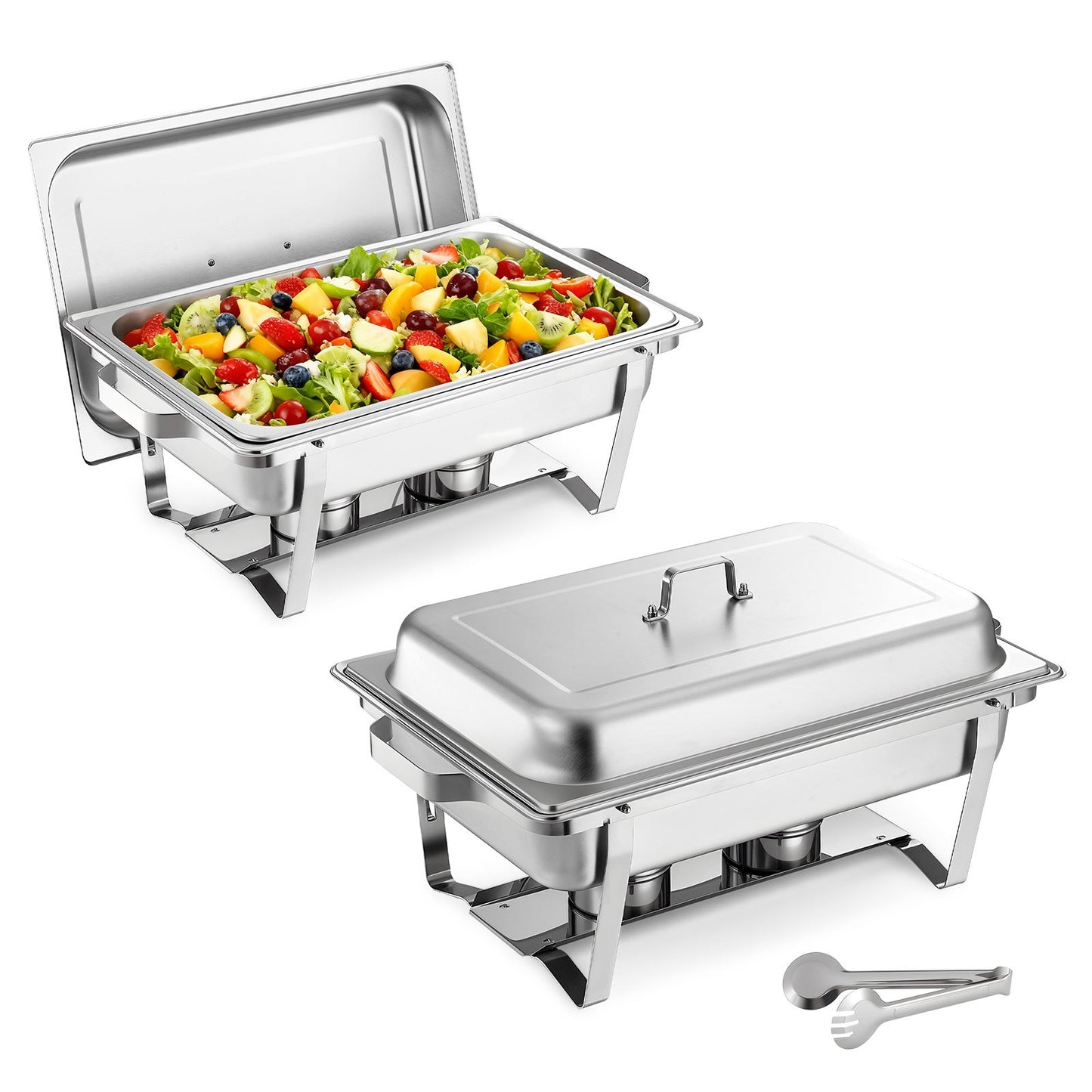 Rectangle Chafing Dish, 8.5L 2 Pack Stainless Steel Chafing Dish, Food Warmer Chafer Complete Set with Hollow Handle, 1 Food Tongs, Lid, Fuel Holder, Chafer Dishes for Banquet Party Wedding