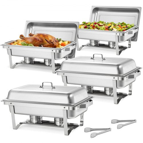 Rectangle Chafing Dish, 9.91L 4 Pack Stainless Steel Chafing Dish, Food Warmer Chafer Complete Set with Hollow Handle, 2 Food Tongs, Lid, Fuel Holder, Chafer Dishes for Banquet Party Wedding