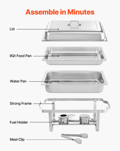 Rectangle Chafing Dish, 9.91L 4 Pack Stainless Steel Chafing Dish, Food Warmer Chafer Complete Set with Hollow Handle, 2 Food Tongs, Lid, Fuel Holder, Chafer Dishes for Banquet Party Wedding