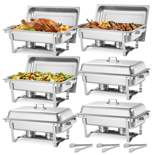 Rectangle Chafing Dish, 9.91L 6 Pack Stainless Steel Chafing Dish, Food Warmer Chafer Complete Set with Hollow Handle, 3 Food Tongs, Lid, Fuel Holder, Chafer Dishes for Banquet Party Wedding
