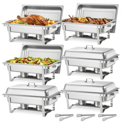Rectangle Chafing Dish, 9.91L 6 Pack Stainless Steel Chafing Dish, Food Warmer Chafer Complete Set with Hollow Handle, 3 Food Tongs, Lid, Fuel Holder, Chafer Dishes for Banquet Party Wedding