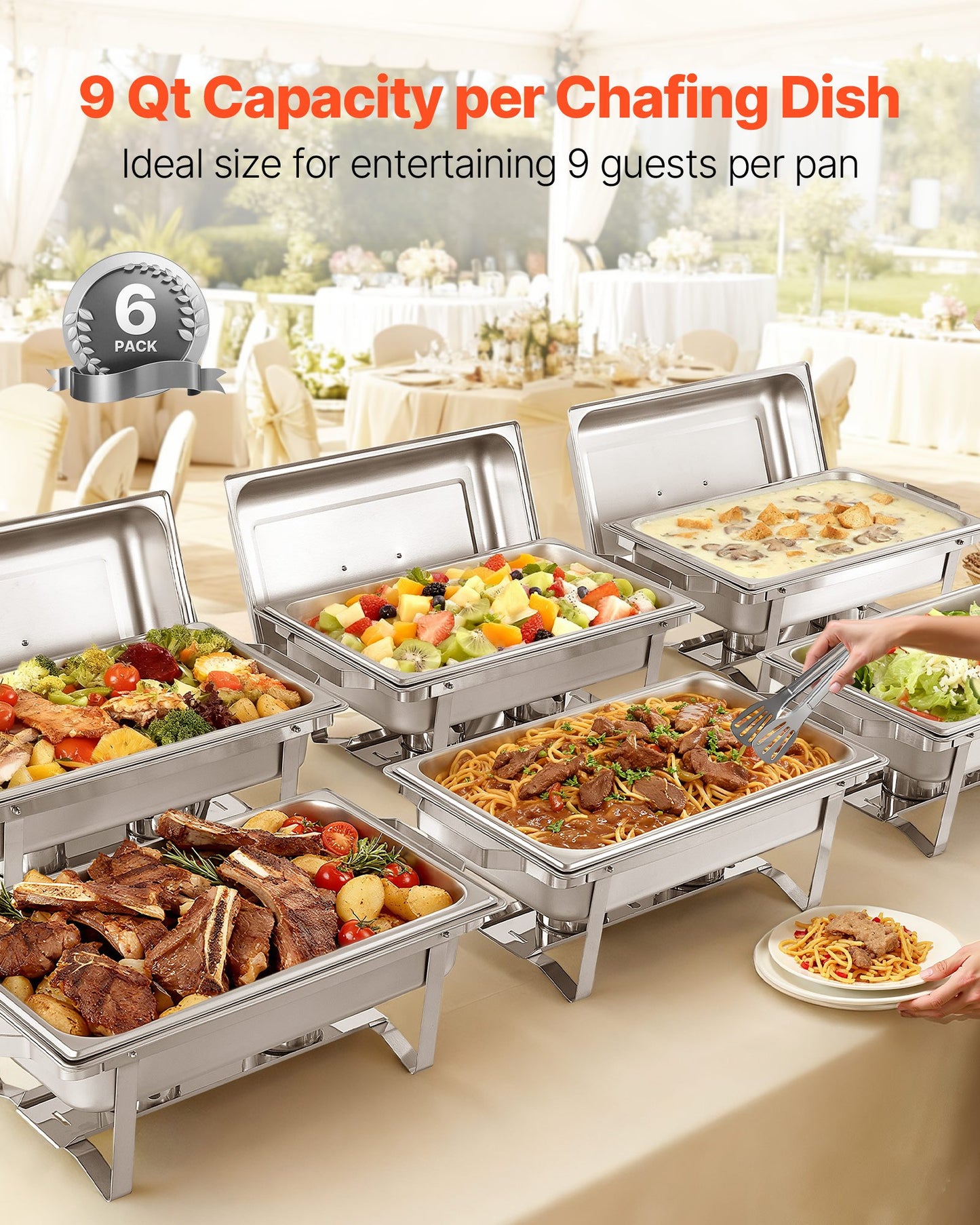 Rectangle Chafing Dish, 9.91L 6 Pack Stainless Steel Chafing Dish, Food Warmer Chafer Complete Set with Hollow Handle, 3 Food Tongs, Lid, Fuel Holder, Chafer Dishes for Banquet Party Wedding