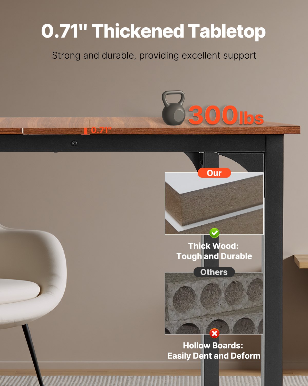 Rektangulärt matbord, 71 tum långt stort träbord för 6-8 personer, lantliga middagsmöbler, rustikt konferensbord med järnben, för hemkök vardagsrum, brunt (endast bord)
