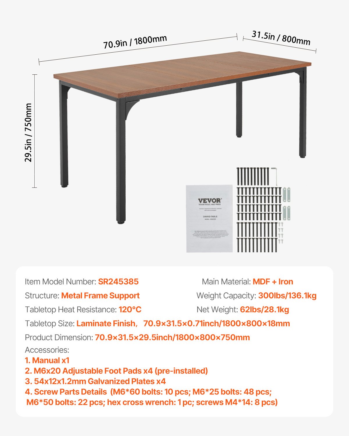 Rektangulärt matbord, 71 tum långt stort träbord för 6-8 personer, lantliga middagsmöbler, rustikt konferensbord med järnben, för hemkök vardagsrum, brunt (endast bord)