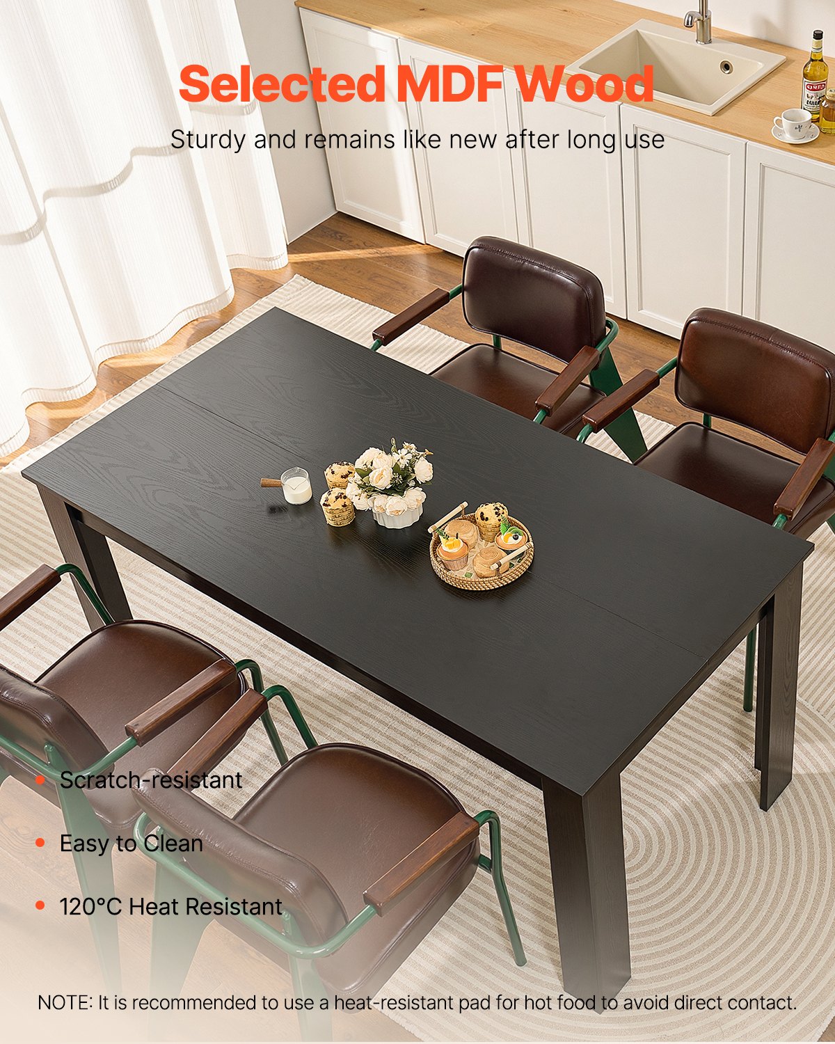 Rektangulärt matbord, 63 tum långt stort träbord för 4-6 personer, moderna middagsmöbler, konferensbord med stöd för 136 kg, för kök och vardagsrum, svart (endast bord)