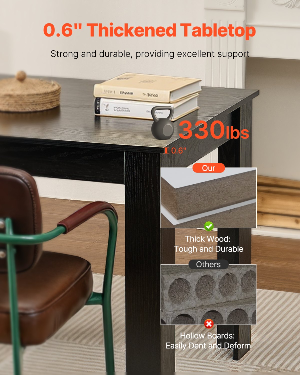 Rektangulärt matbord, 63 tum långt stort träbord för 4-6 personer, moderna middagsmöbler, konferensbord med stöd för 136 kg, för kök och vardagsrum, svart (endast bord)