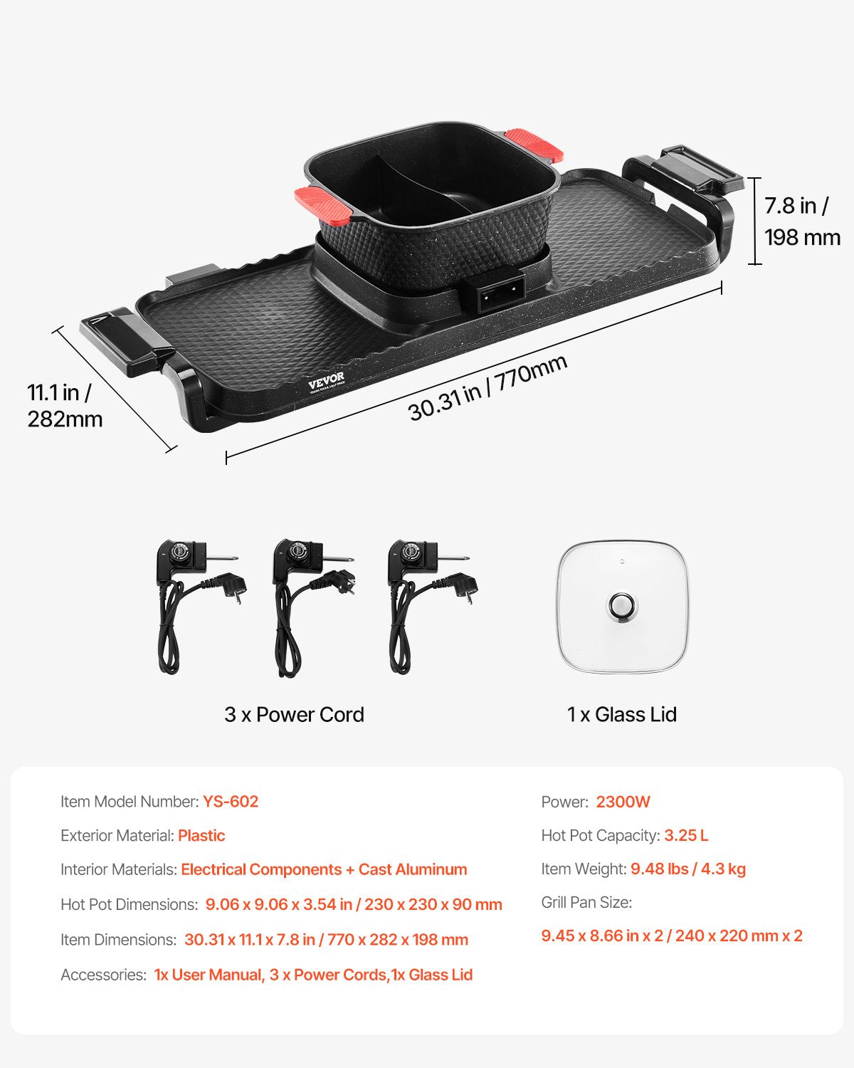 Hot Pot with Grill, 2300W 2-in-1 Electric Smokeless Grill and Hot Pot, Removable Shabu-shabu Hotpot with Non-stick Pan, Separate Dual Temperature Control, Indoor Korean BBQ for 1-6 People