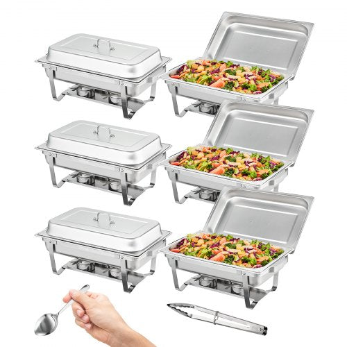 Chafing Dish Buffet Set, 7.6L 6 Pack, Stainless Chafer with 6 Full Size Pans, Rectangle Catering Warmer Server with Lid Water Pan Folding Stand Fuel Holder Tray Spoon Clip, at Least 8 People