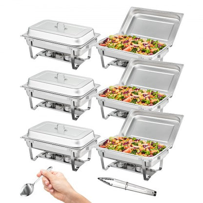 Chafing Dish Buffet Set, 7.6L 6 Pack, Stainless Chafer with 6 Full Size Pans, Rectangle Catering Warmer Server with Lid Water Pan Folding Stand Fuel Holder Tray Spoon Clip, at Least 8 People