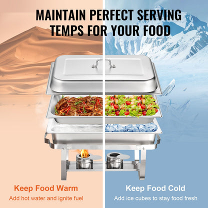 Chafing Dish Buffet Set, 7.6L 6 Pack, Stainless Chafer with 6 Full Size Pans, Rectangle Catering Warmer Server with Lid Water Pan Folding Stand Fuel Holder Tray Spoon Clip, at Least 8 People