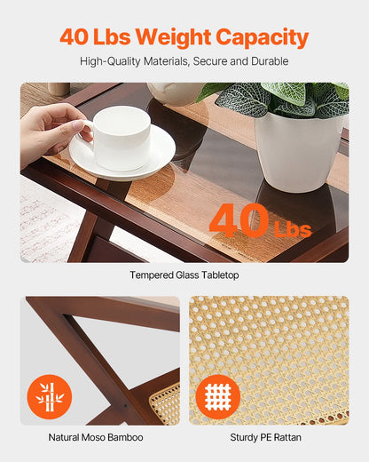 Rattan Coffee Table, Z-Shaped Rattan Woven Bamboo Coffee Table with Tempered Glass Top, 20” Modern Boho Storage Coffee Table with Natural Bamboo Legs, for Living Room, Bedroom & Small Spaces