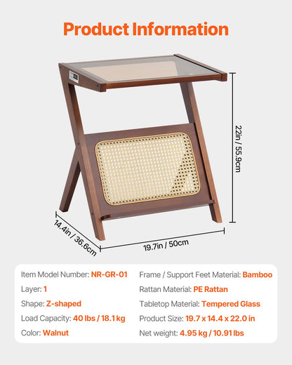 Rattan Coffee Table, Z-Shaped Rattan Woven Bamboo Coffee Table with Tempered Glass Top, 20” Modern Boho Storage Coffee Table with Natural Bamboo Legs, for Living Room, Bedroom & Small Spaces