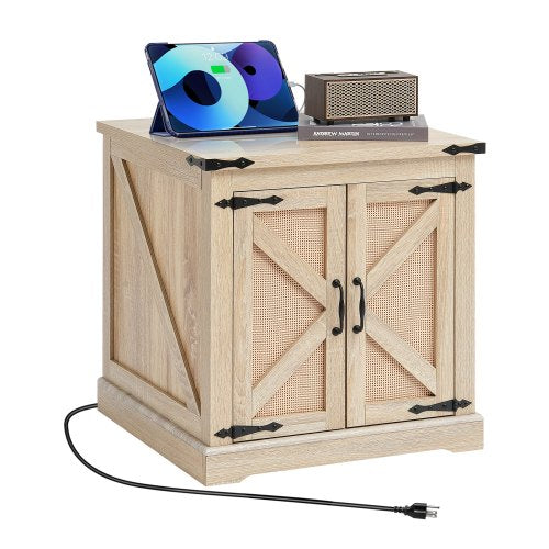 Sidobord i lantligt stil, rektangulärt soffbord i rotting, 61 cm modernt soffbord med förvaring i bohemisk stil med retro metallgångjärn, för vardagsrum, sovrum och små utrymmen