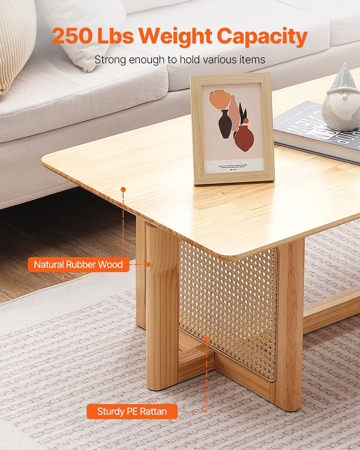 Rotting soffbord, rektangulärt rottingvävt soffbord med gummiträskiva, 47-tums modernt boho soffbord med förvaring och ben i naturliga trä, för vardagsrum, sovrum och små utrymmen