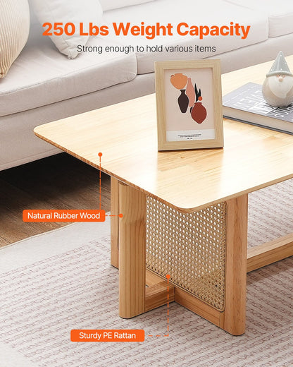 Rotting soffbord, rektangulärt rottingvävt soffbord med gummiträskiva, 47-tums modernt boho soffbord med förvaring och ben i naturliga trä, för vardagsrum, sovrum och små utrymmen