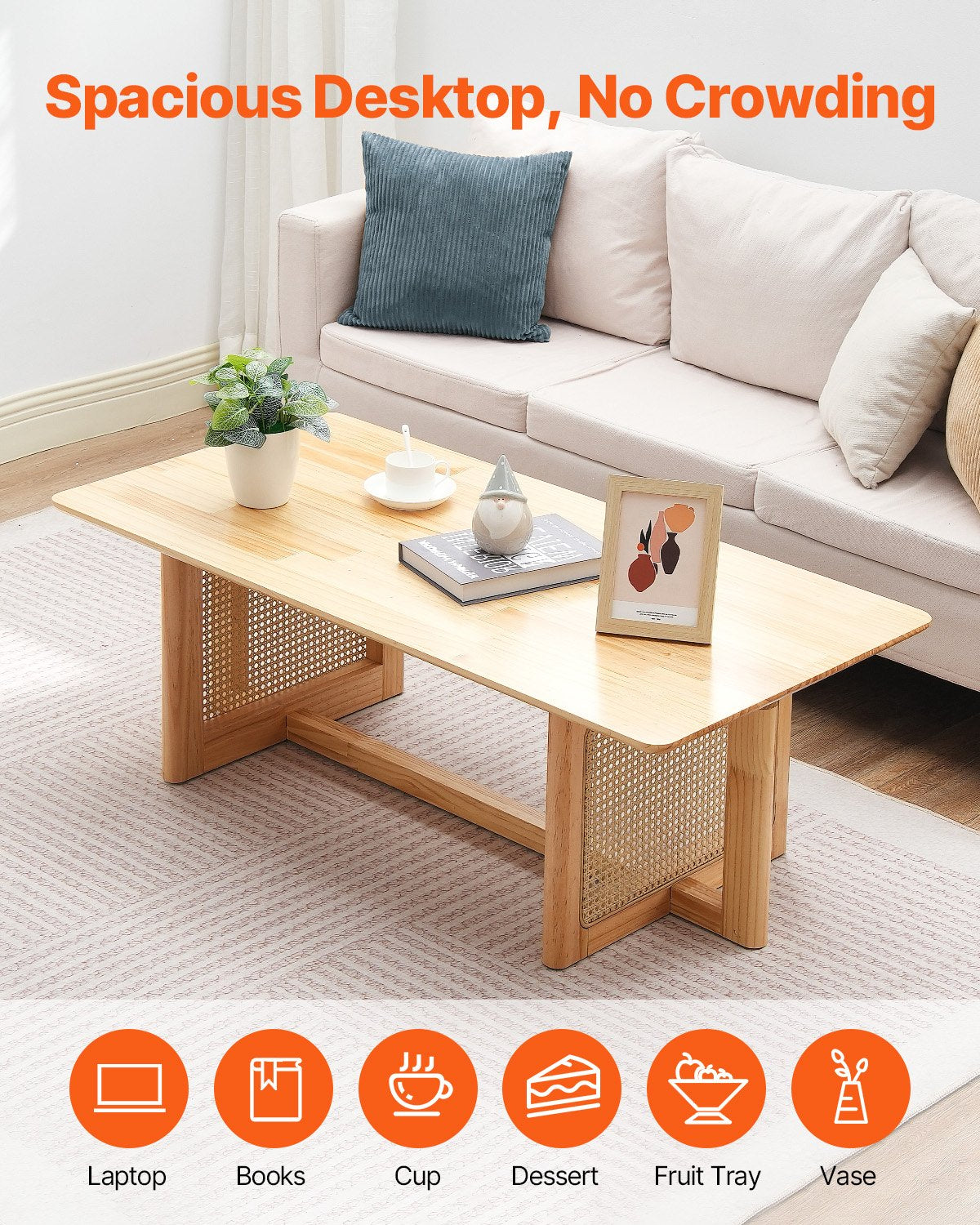 Rotting soffbord, rektangulärt rottingvävt soffbord med gummiträskiva, 47-tums modernt boho soffbord med förvaring och ben i naturliga trä, för vardagsrum, sovrum och små utrymmen