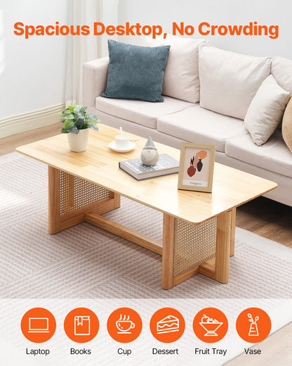 Rotting soffbord, rektangulärt rottingvävt soffbord med gummiträskiva, 47-tums modernt boho soffbord med förvaring och ben i naturliga trä, för vardagsrum, sovrum och små utrymmen
