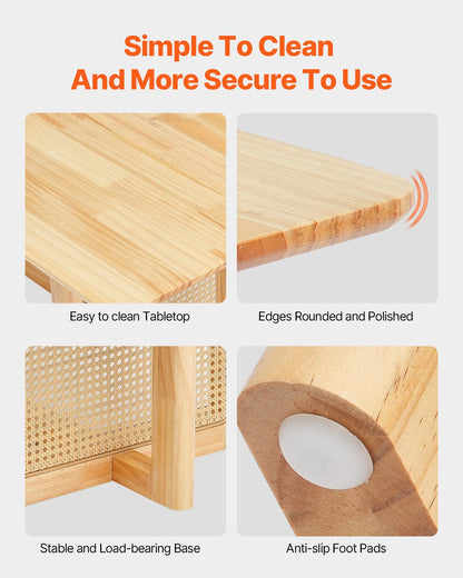 Rotting soffbord, rektangulärt rottingvävt soffbord med gummiträskiva, 47-tums modernt boho soffbord med förvaring och ben i naturliga trä, för vardagsrum, sovrum och små utrymmen