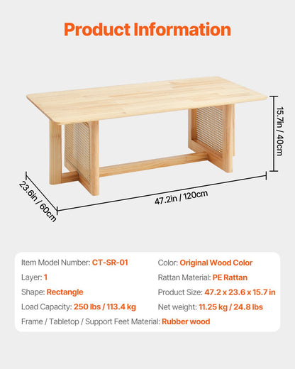 Rotting soffbord, rektangulärt rottingvävt soffbord med gummiträskiva, 47-tums modernt boho soffbord med förvaring och ben i naturliga trä, för vardagsrum, sovrum och små utrymmen