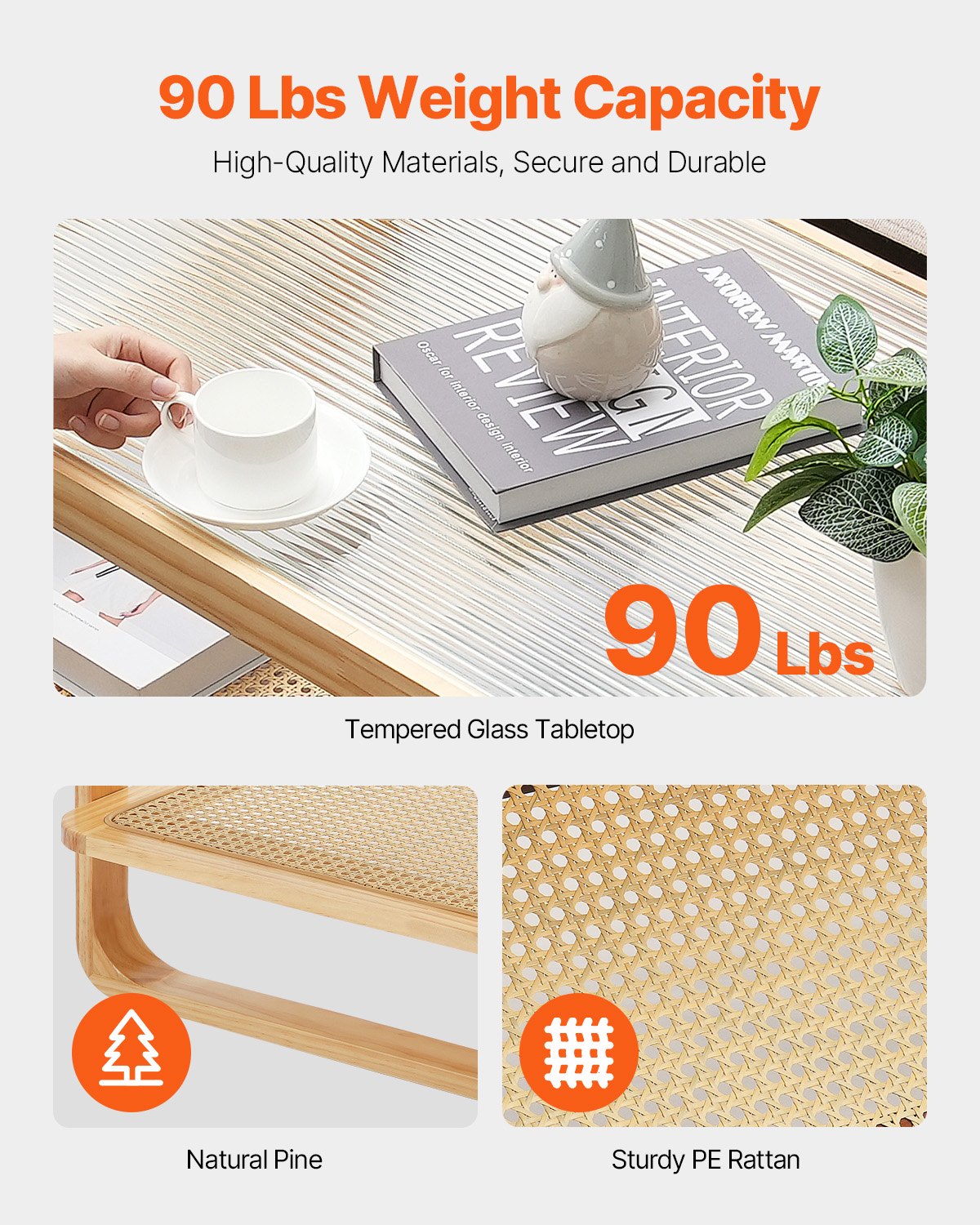 Rotting soffbord, rektangulärt rottingvävt soffbord med härdat glas, 45-tums modernt boho soffbord med förvaring och ben i naturliga trä, för vardagsrum, sovrum och små utrymmen