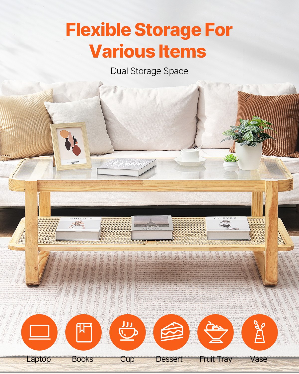 Rotting soffbord, rektangulärt rottingvävt soffbord med härdat glas, 45-tums modernt boho soffbord med förvaring och ben i naturliga trä, för vardagsrum, sovrum och små utrymmen