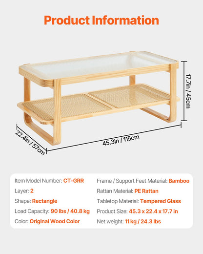 Rotting soffbord, rektangulärt rottingvävt soffbord med härdat glas, 45-tums modernt boho soffbord med förvaring och ben i naturliga trä, för vardagsrum, sovrum och små utrymmen