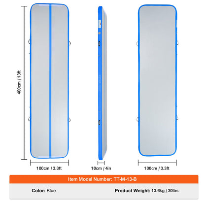 Gymnastics Air Mat, 4 inch Thickness Inflatable Gymnastics Tumbling Mat, Tumble Track with Electric Pump, Training Mats for Home Use/Gym/Yoga/Cheerleading/Beach/Park/Water, 13 ft, Blue