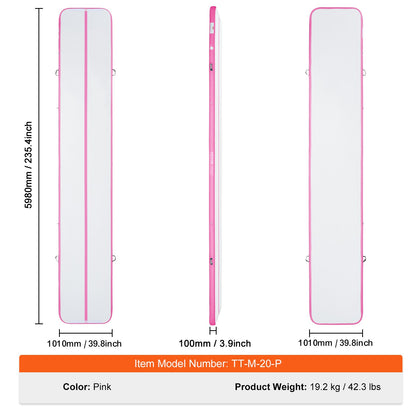 Gymnastics Air Mat, 4 inch Thickness Inflatable Gymnastics Tumbling Mat, Tumble Track with Electric Pump, Training Mats for Home Use/Gym/Yoga/Cheerleading/Beach/Park/Water, 20 ft, Pink