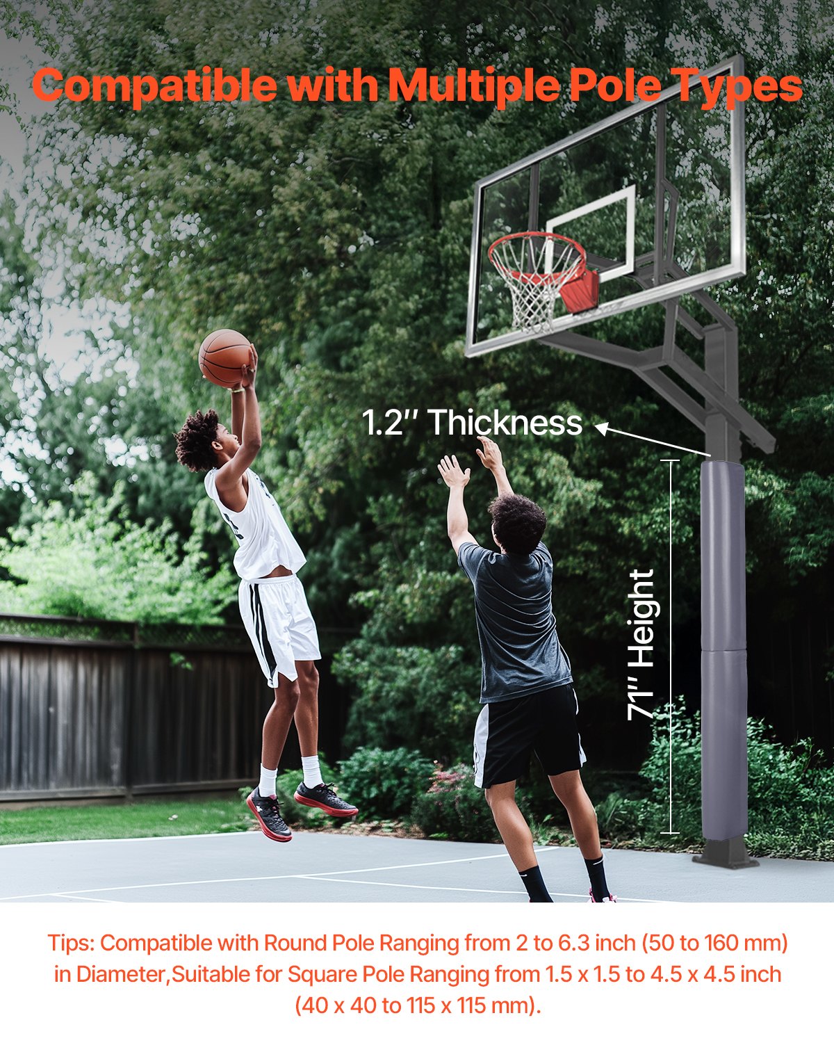 Basketball Pole Pad, 71 inch Tall and 1.2 inch Thick Heavy Duty Wrap Around Pole Padding, Fits 2-6.3 Round & 4.5x4.5 inch Square Pole, All-weather Waterproof Protective Pad for Basement Garage