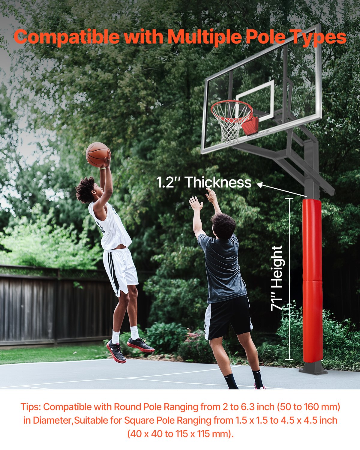 Basketball Pole Pad, 71 inch Tall and 1.2 inch Thick Heavy Duty Wrap Around Pole Padding, Fits 2-6.3 Round & 4.5x4.5 inch Square Pole, All-weather Waterproof Protective Pad for Basement Garage