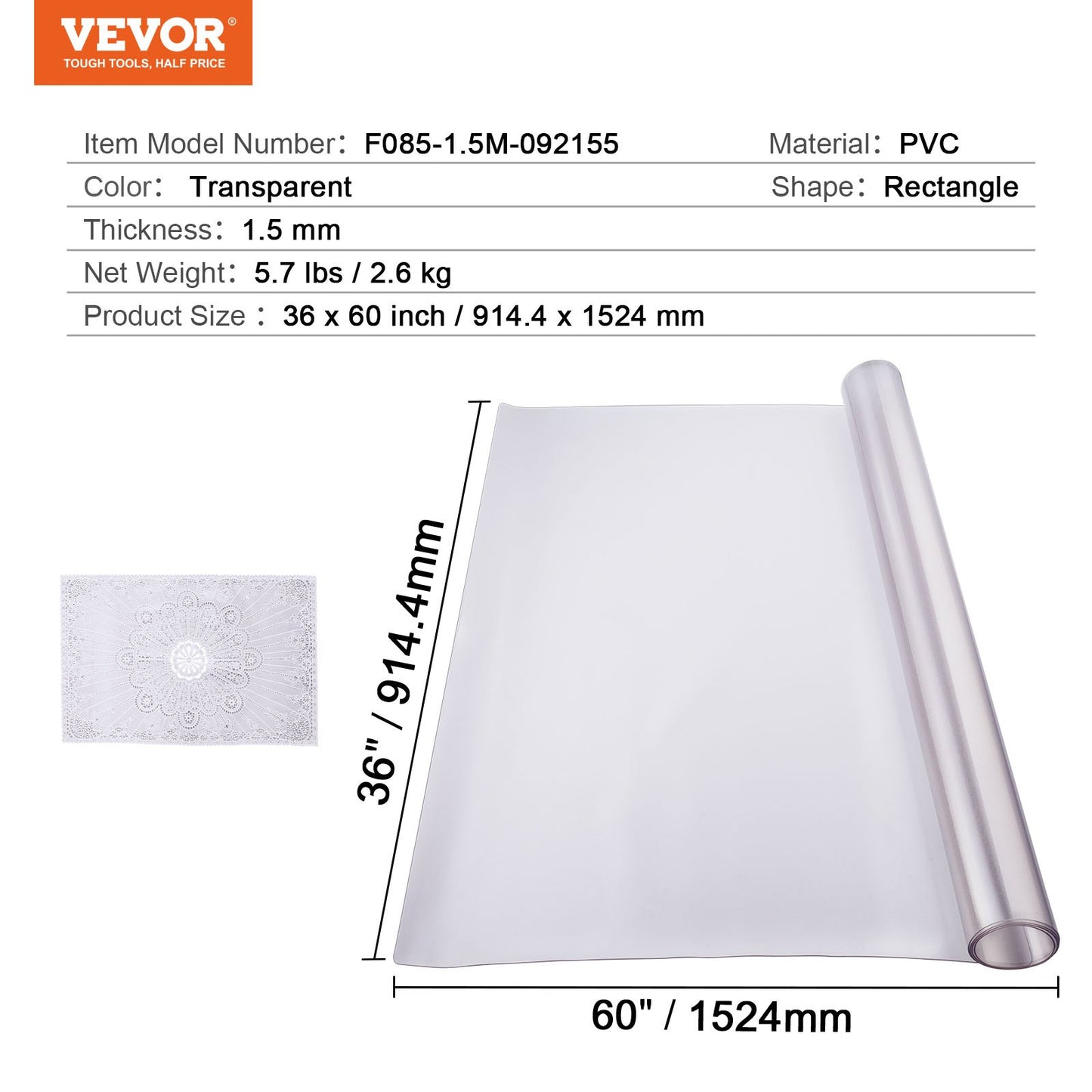 Plastbordsskydd, 36 x 60 tum 1,5 mm tjockt frostat bordsskydd, rektangulär PVC-skrivbordsmatta, vattentät och lättrengörande skrivbordsunderlägg, för kontorsbyrå, matbord, nattduksbord
