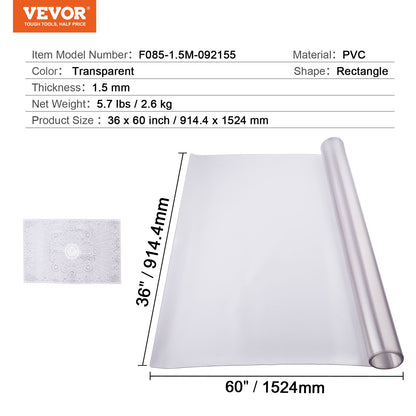 Plastbordsskydd, 36 x 60 tum 1,5 mm tjockt frostat bordsskydd, rektangulär PVC-skrivbordsmatta, vattentät och lättrengörande skrivbordsunderlägg, för kontorsbyrå, matbord, nattduksbord