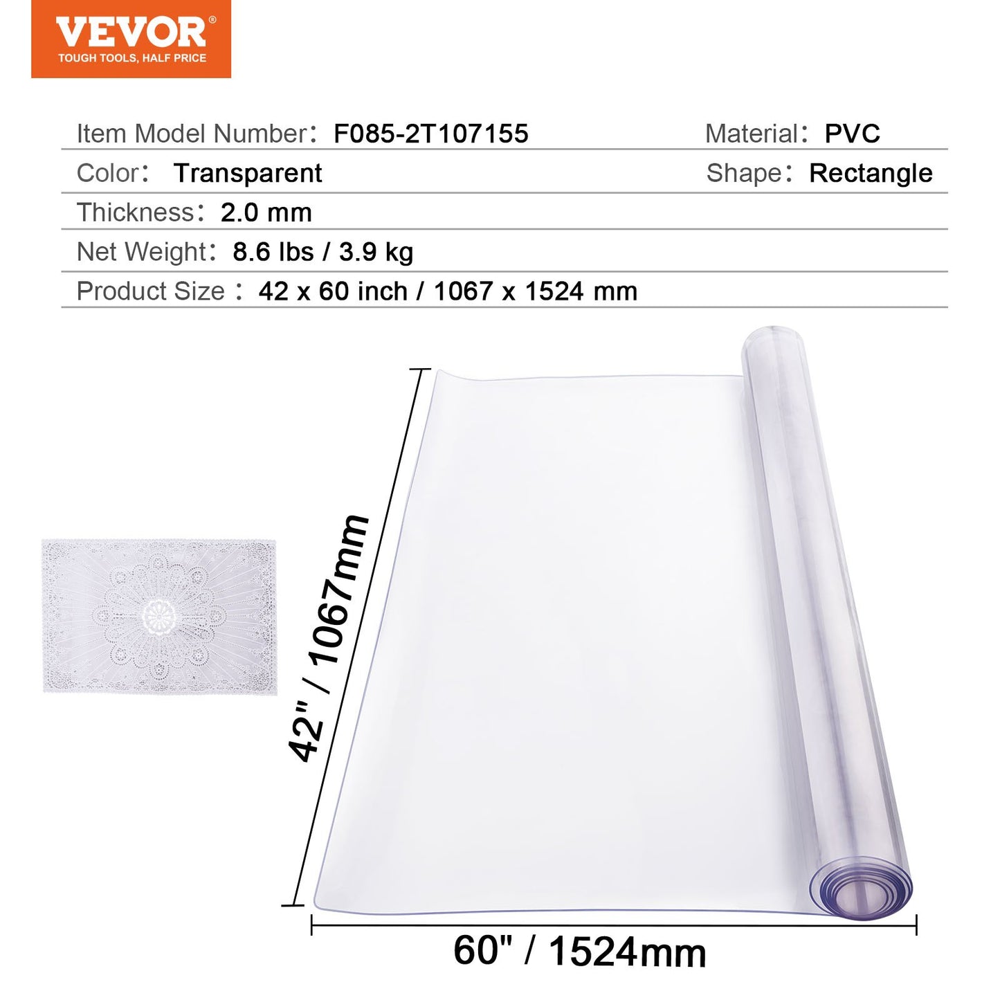 Plastic Table Cover, 42 x 60 Inch 2.0 mm Thick Clear Table Protector, Rectangle PVC Desk Mat, Waterproof & Easy Cleaning Desk Pad Tablecloth, for Office Dresser Dining Room Table Night Stand