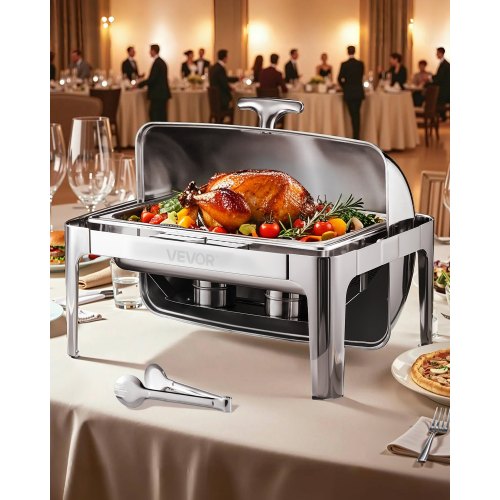 Roll Top Chafing Dish Buffet Complete Set, 9Qt Stainless Steel Chafer with Full Size Pan, Rectangle Catering Warmer Server with Lid Water Pan Folding Stand Fuel Holder Meal Clip, Silver