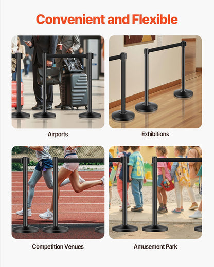 Stanchion Post, 4 Pcs Crowd Control Barrier with 4 Retractable Belts, Carbon Steel Black Stanchion Post Queue with Sand Injection Hollow Base for Theaters, Parties, Weddings, Exhibitions, Black