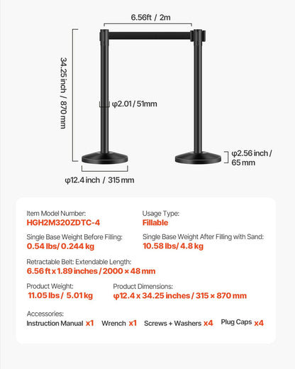 Stanchion Post, 4 Pcs Crowd Control Barrier with 4 Retractable Belts, Carbon Steel Black Stanchion Post Queue with Sand Injection Hollow Base for Theaters, Parties, Weddings, Exhibitions, Black