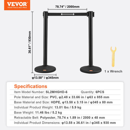 Crowd Control Stanchions, 6-Pack Crowd Control Barriers with 3PCS 6.5FT Black Retractable Belts, Plastic Stanchion Queue Post, Belt Barriers Line Divider Stanchion Set for Airport, Exhibition