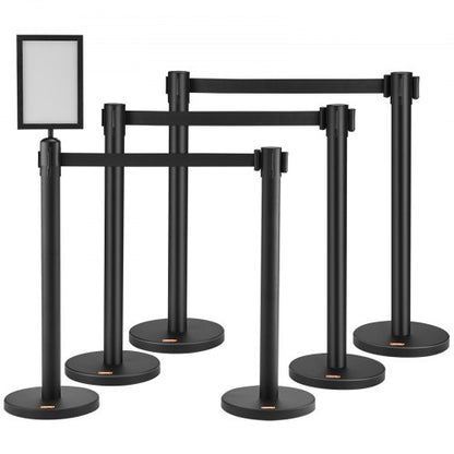 Crowd Control Stanchions, 6-Pack Crowd Control Barriers, Carbon Steel Baking Painted Stanchion Queue Post with Sign Holder & 3PCS 6.5FT Retractable Belt, Belt Barrier Line Divider, Easy Assembly