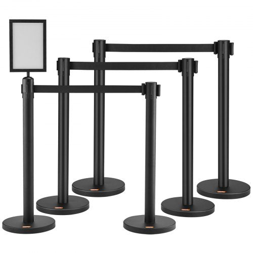 Crowd Control Stanchions, 6-Pack Crowd Control Barriers, Carbon Steel Baking Painted Stanchion Queue Post with Sign Holder & 3PCS 6.5FT Retractable Belt, Belt Barrier Line Divider, Easy Assembly
